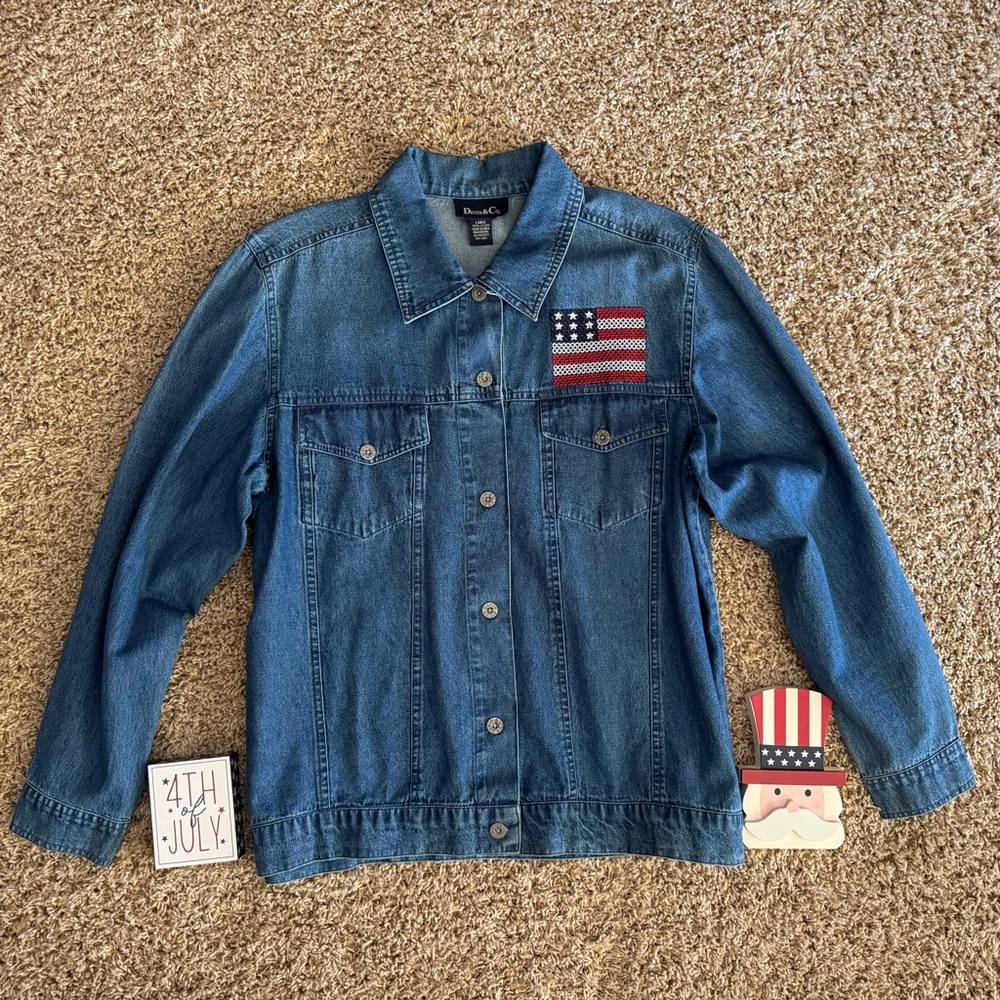 Denim&Co Blue Jean Jacket with American Flag Patch